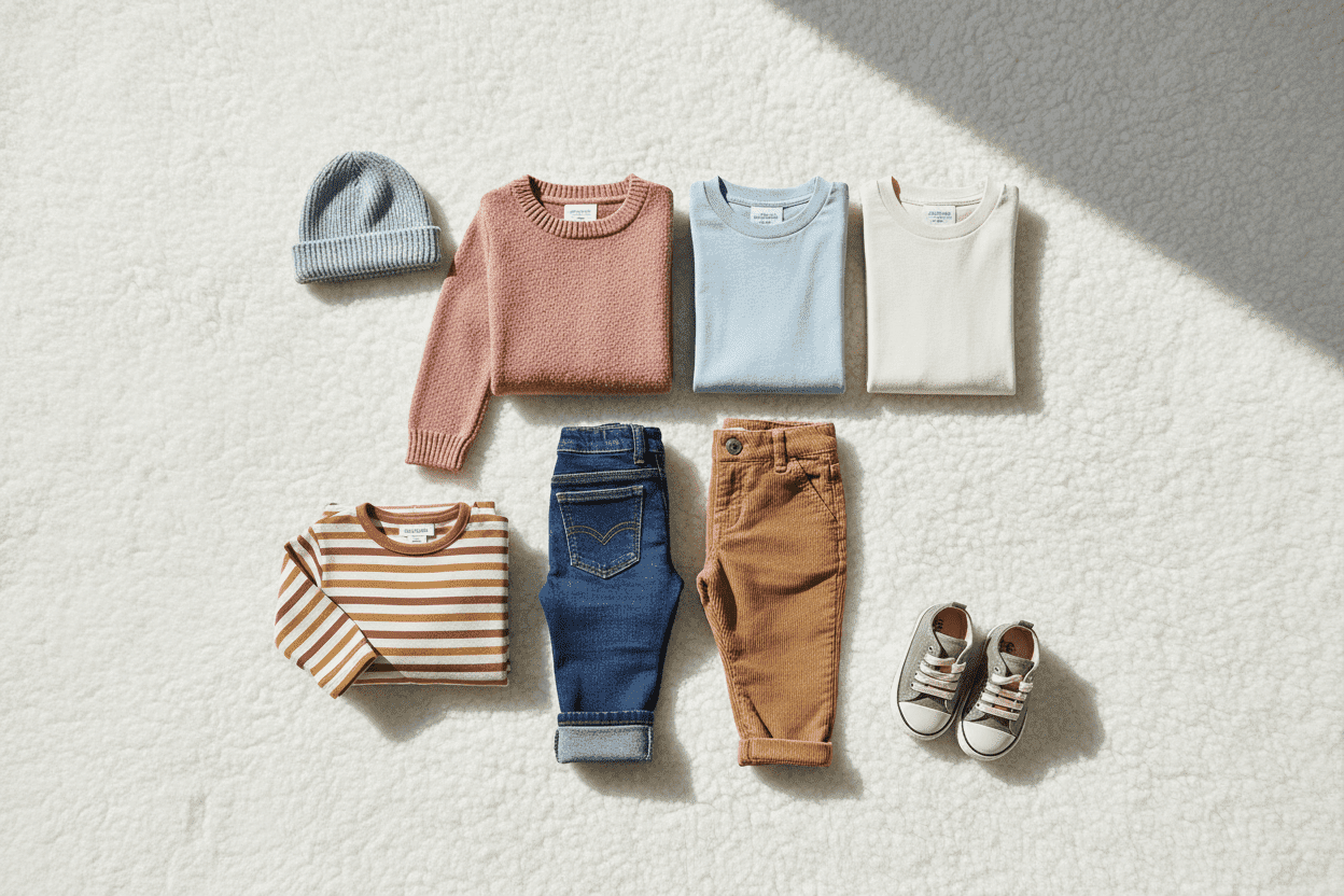 Selezione di abbigliamento firmato per bambini a prezzi outlet su sfondo neutro