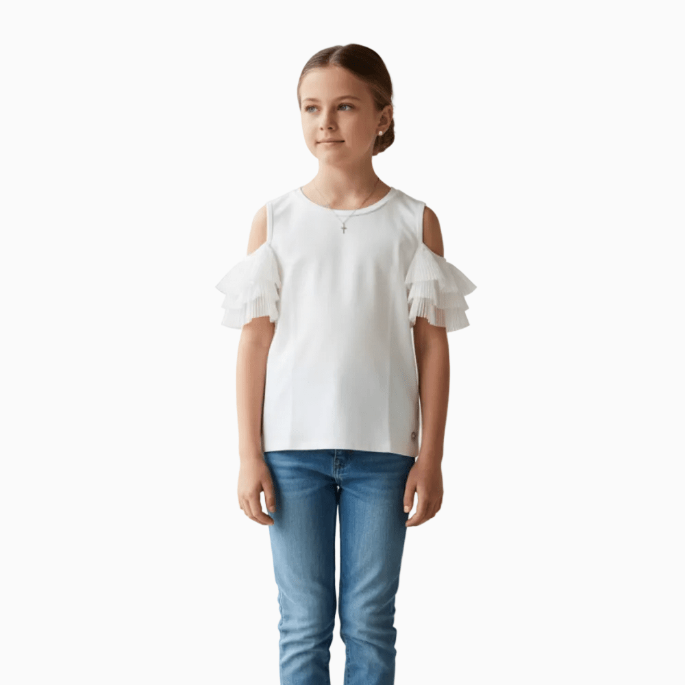 Please maglia bambina bianca con manica in tulle - Abbigliamento bambini firmato | CDifferent Outlet