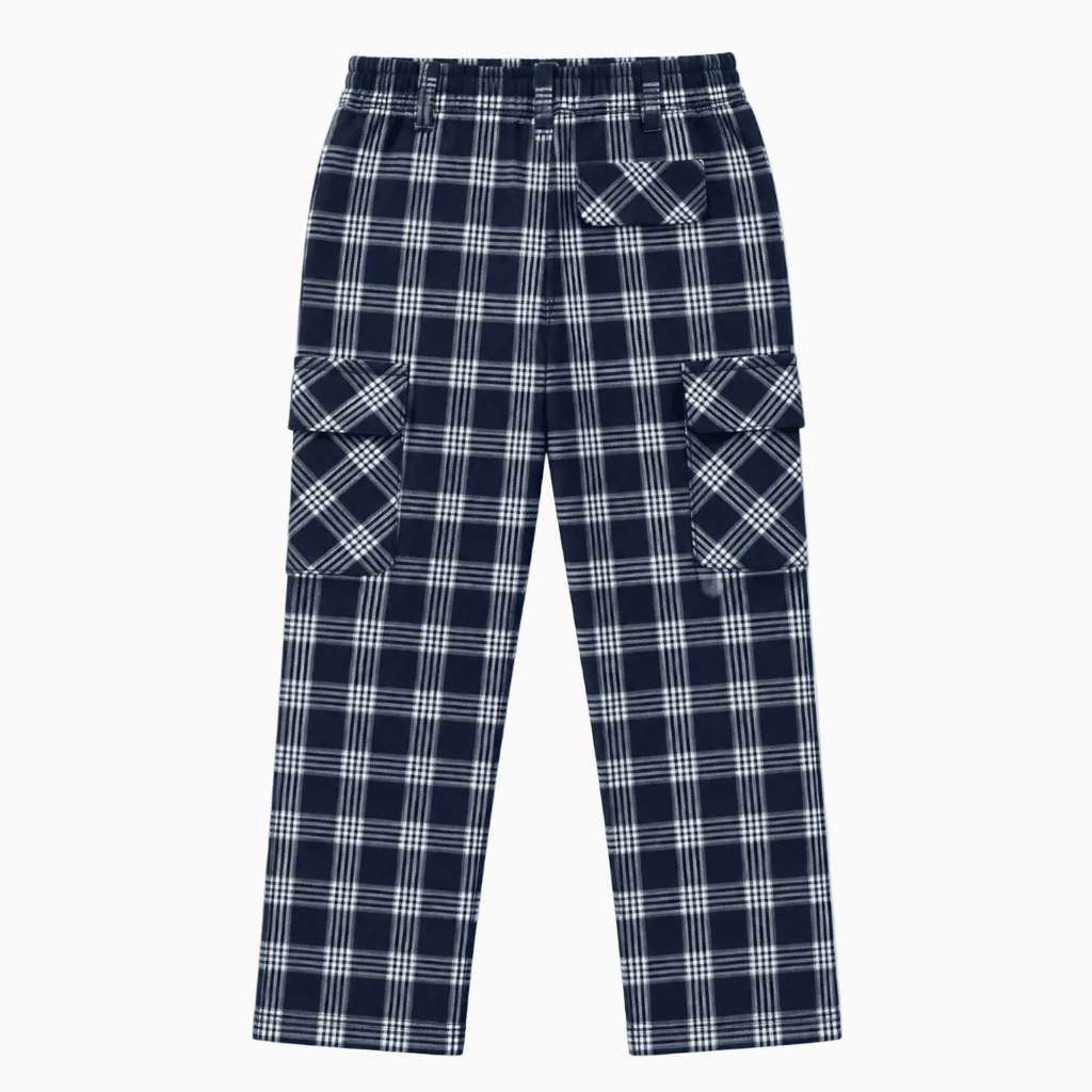 Vista posteriore pantalone cargo bambino a quadri blu e bianco con tasche