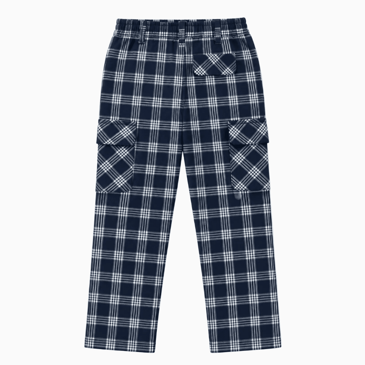 Vista posteriore pantalone cargo bambino a quadri blu e bianco con tasche