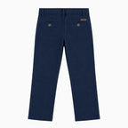 Vista posteriore pantalone cotone blu navy bambino con tasche chiuse bottone