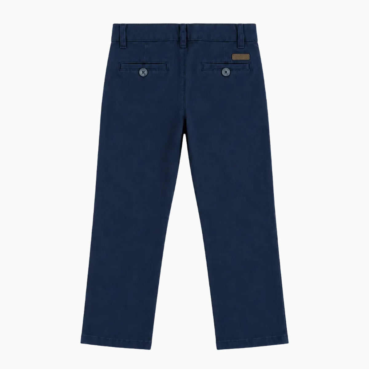 Vista posteriore pantalone cotone blu navy bambino con tasche chiuse bottone