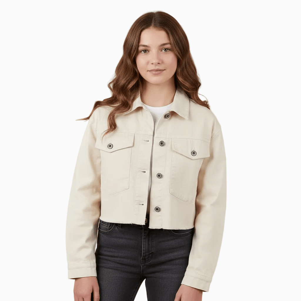 Please giacca cropped bambina crema con tasconi