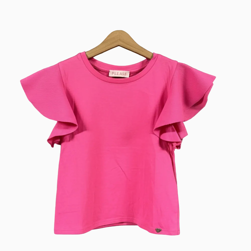 Please t-shirt fucsia manica a volant bambina