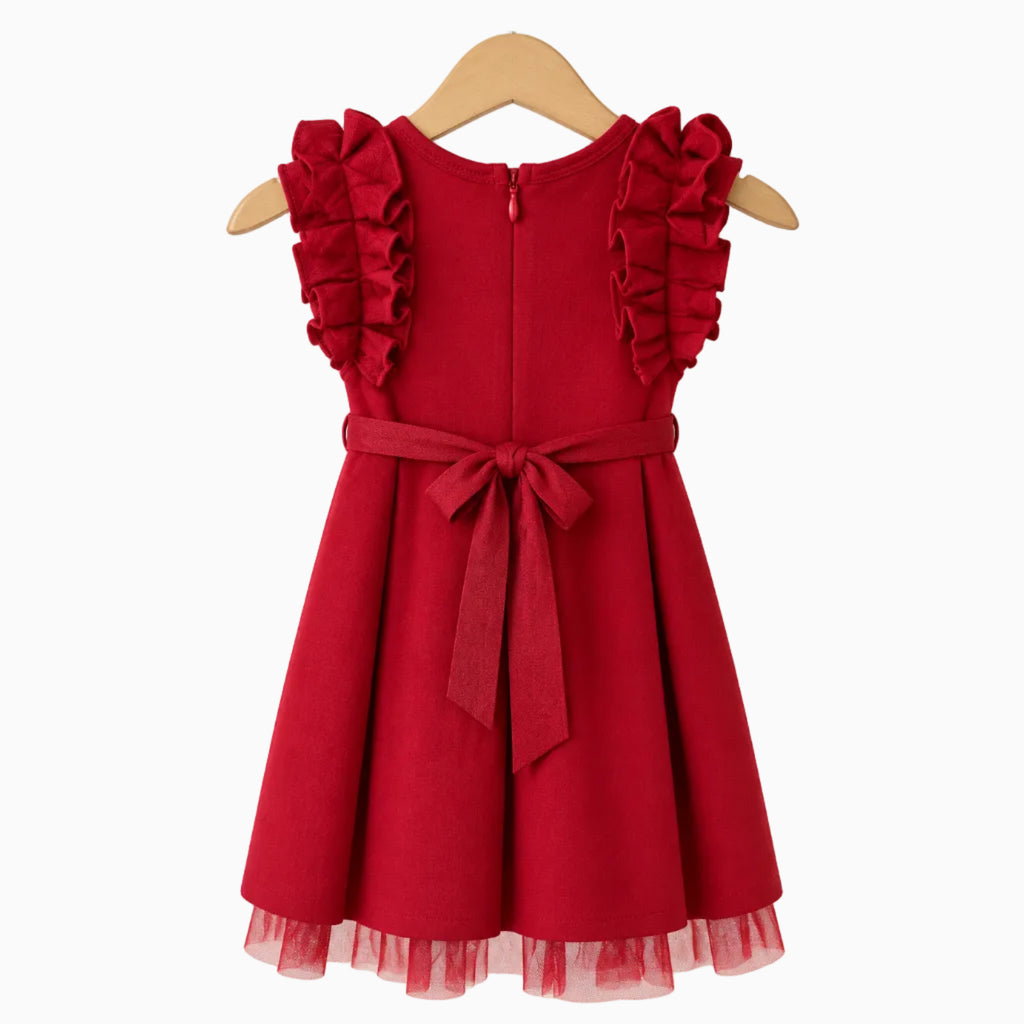 Visto posteriore abito rosso neonata Alice Pi con volant plissé, fiocco schiena e tulle