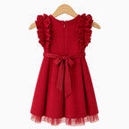 Visto posteriore abito rosso neonata Alice Pi con volant plissé, fiocco schiena e tulle