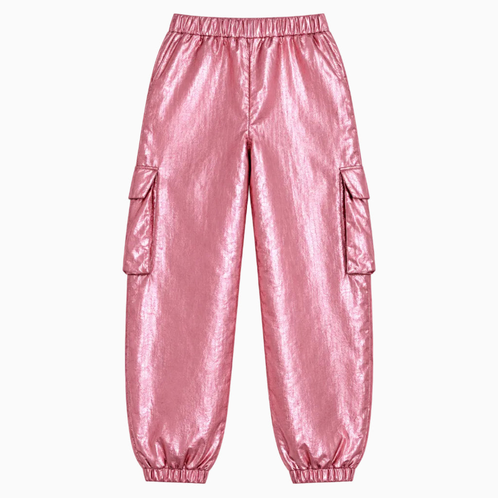 Pantalone cargo bambina vita elasticizzata polsini giropolso rosa metallizzato imbottito