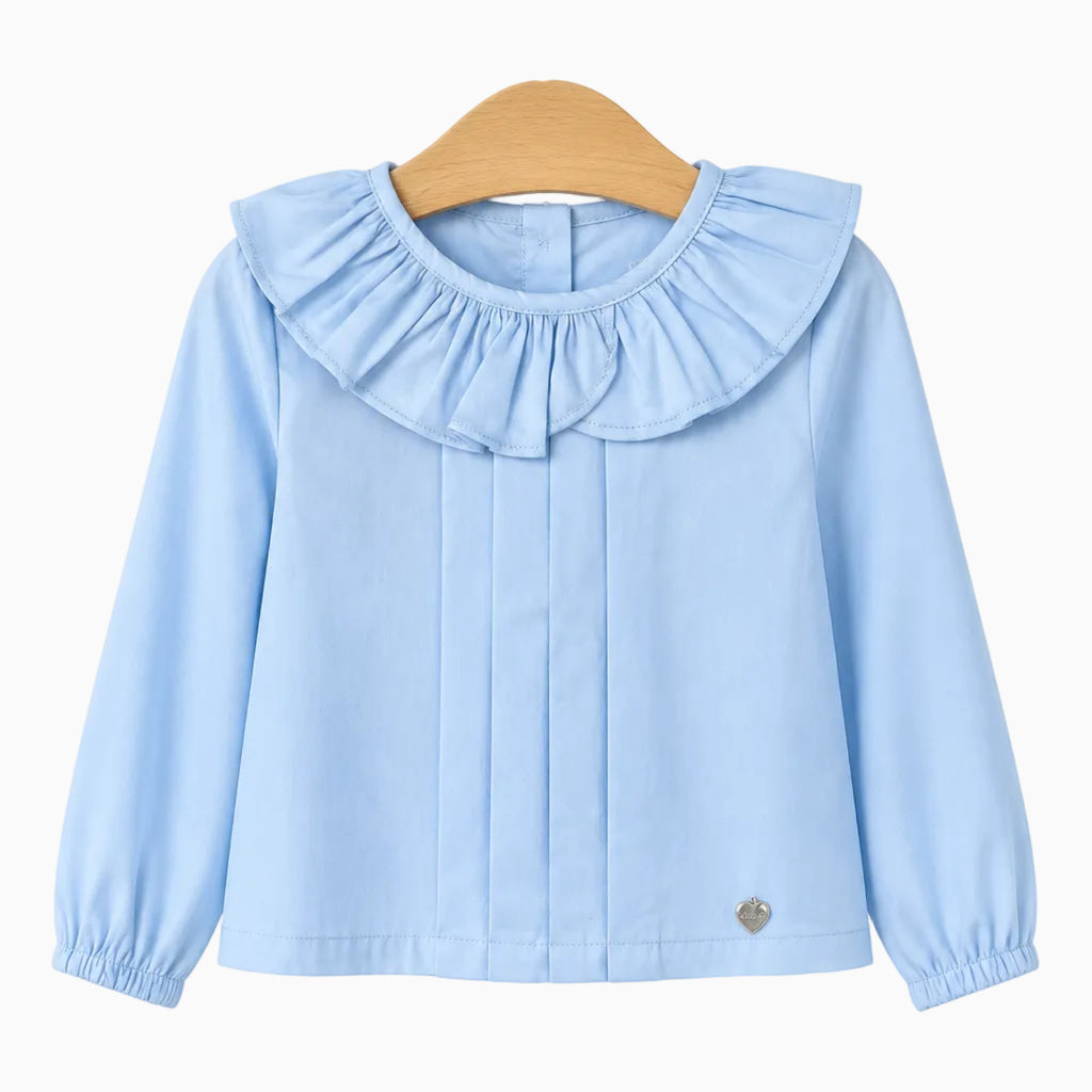 Camicetta neonata Alice Pi celeste con maxi collo a volant plissé e placc cuore