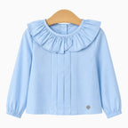 Camicetta neonata Alice Pi celeste con maxi collo a volant plissé e placc cuore