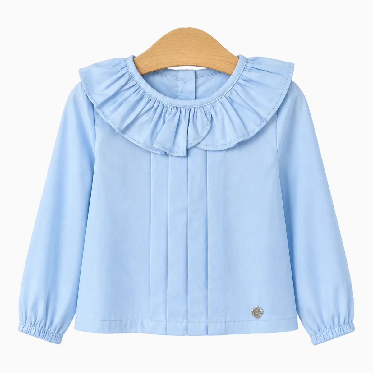 Camicetta neonata Alice Pi celeste con maxi collo a volant plissé e placc cuore