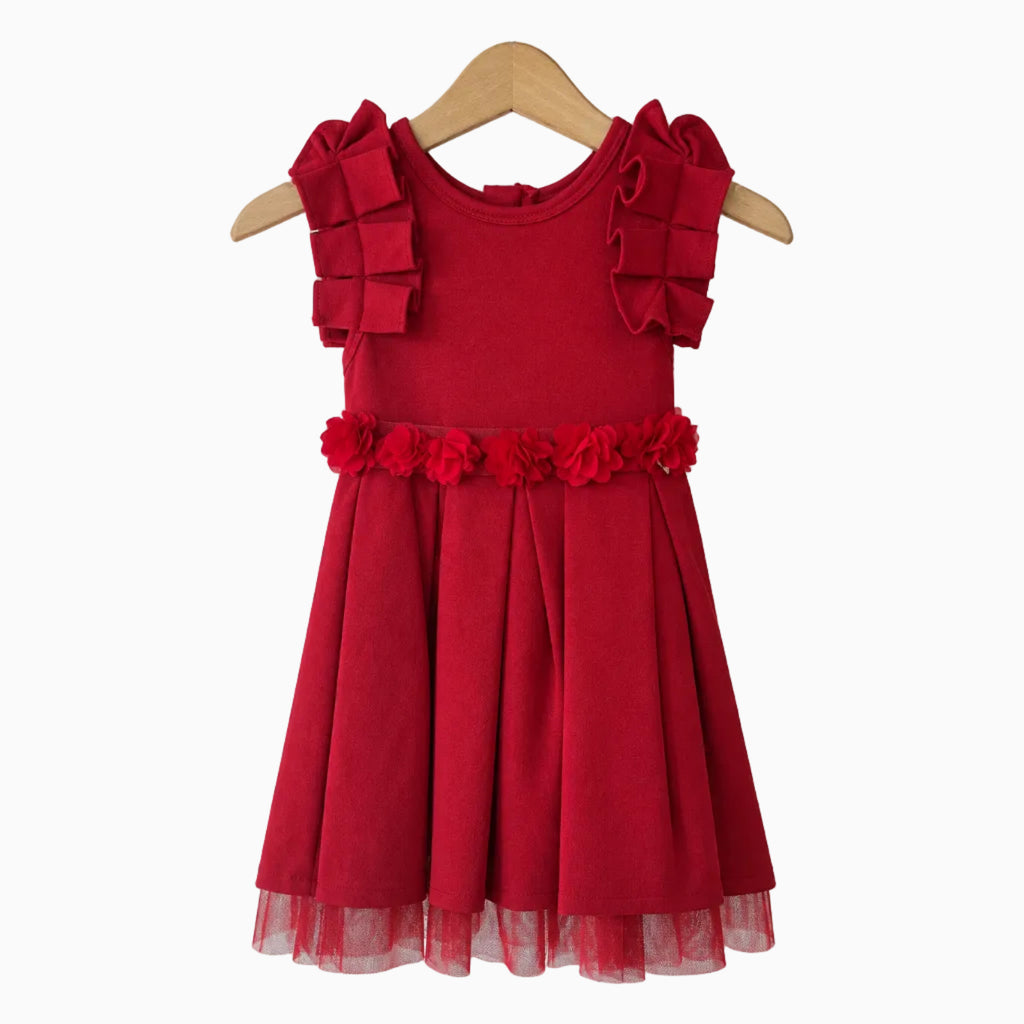 Abito rosso smanicato neonata con volant strutturati, gonna a pieghe e bordo in tulle