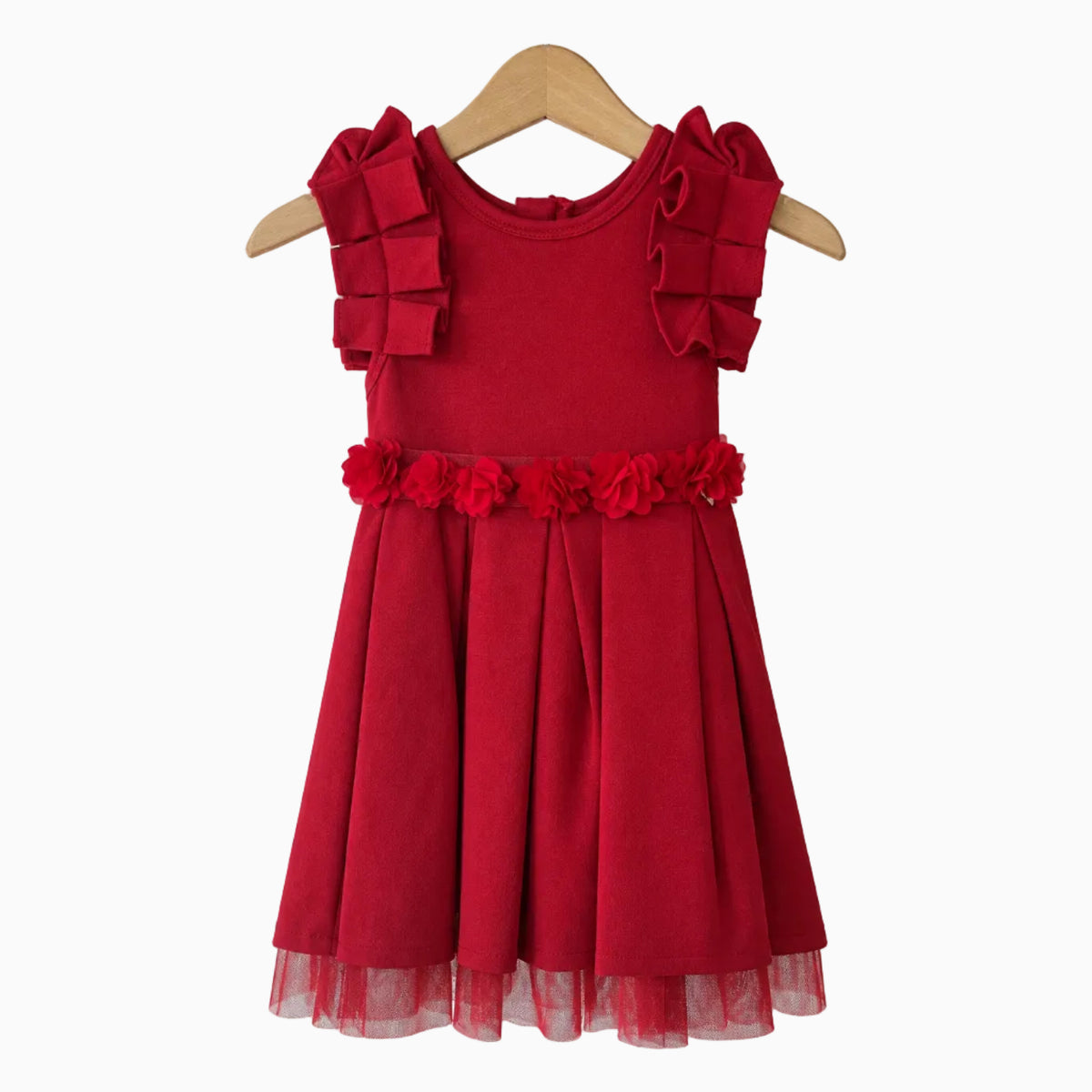Abito rosso smanicato neonata con volant strutturati, gonna a pieghe e bordo in tulle