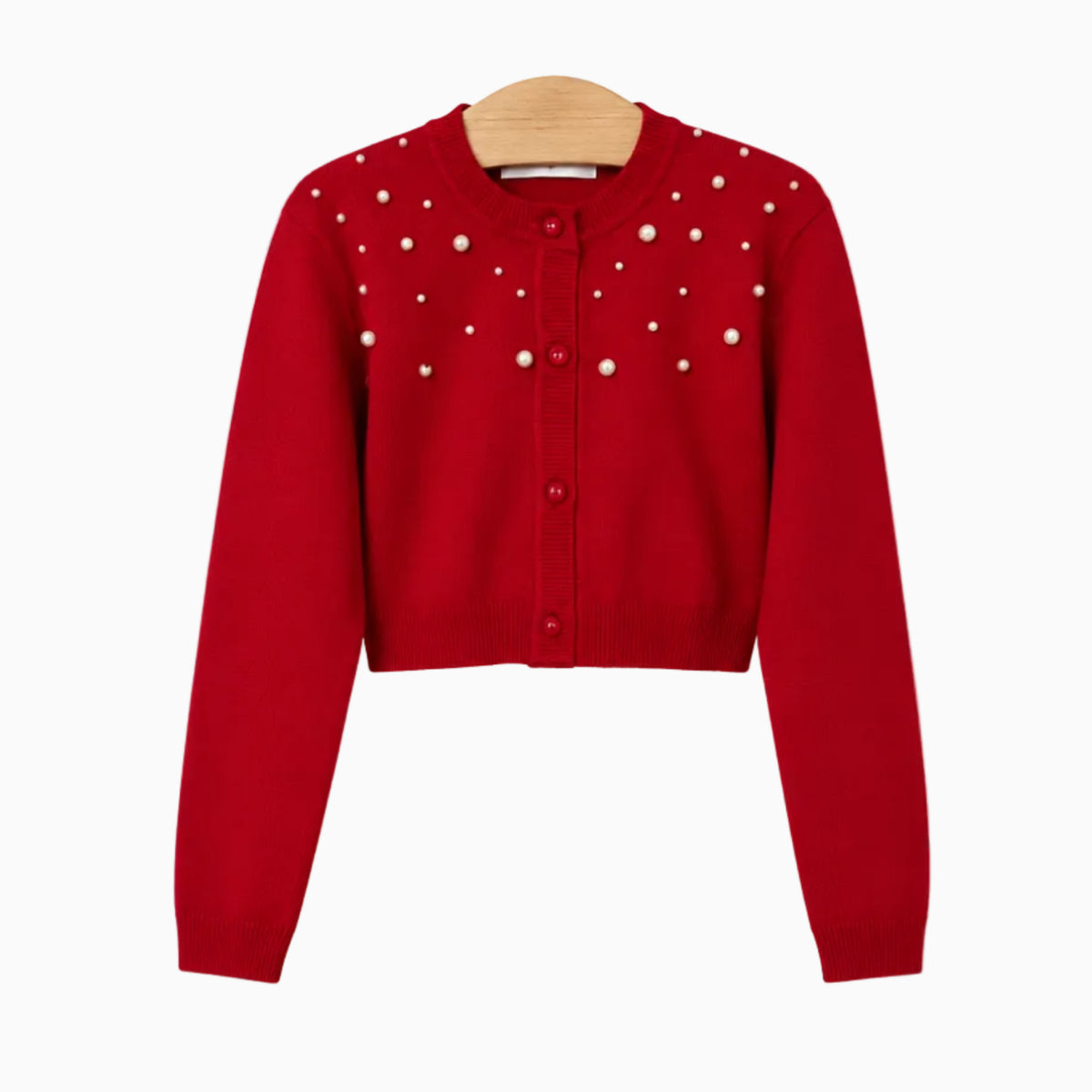 Cardigan rosso bambina con perle bianche e bottoni chiusura frontale