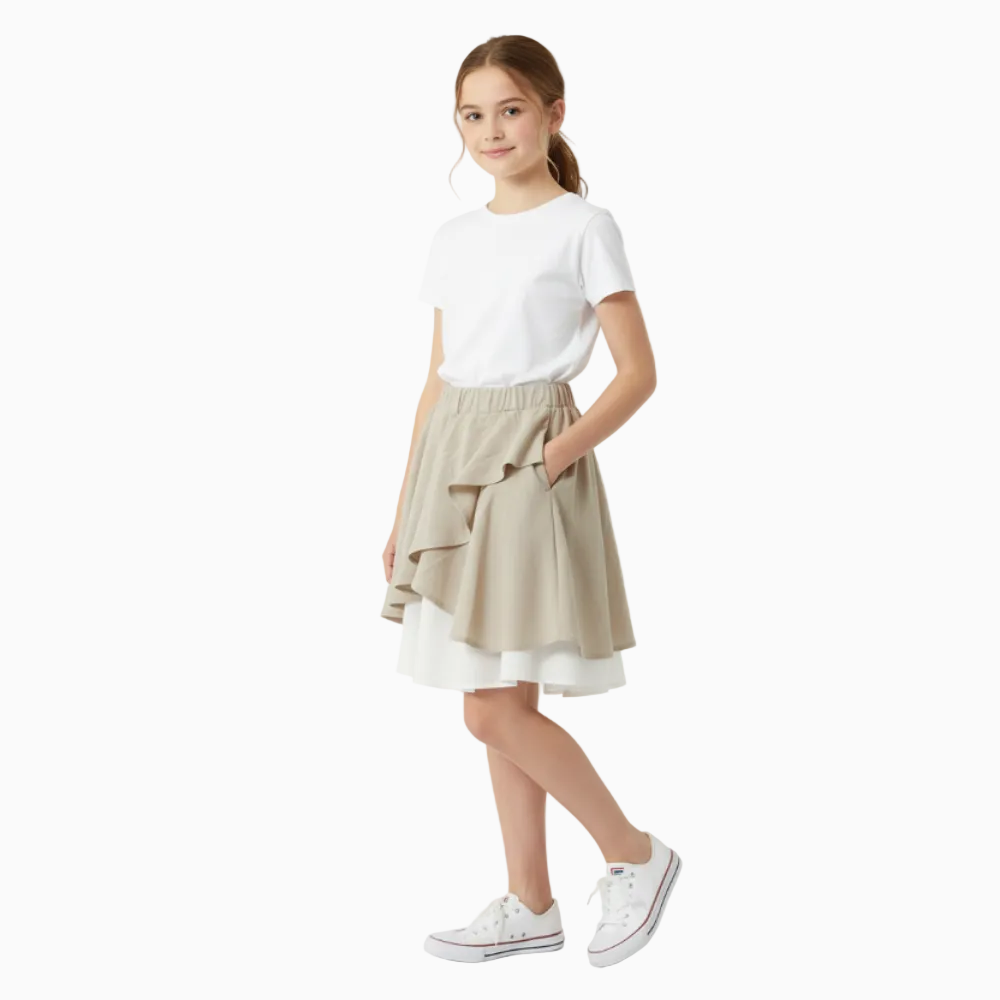 People gonna in lino con volant bianca e beige bambina