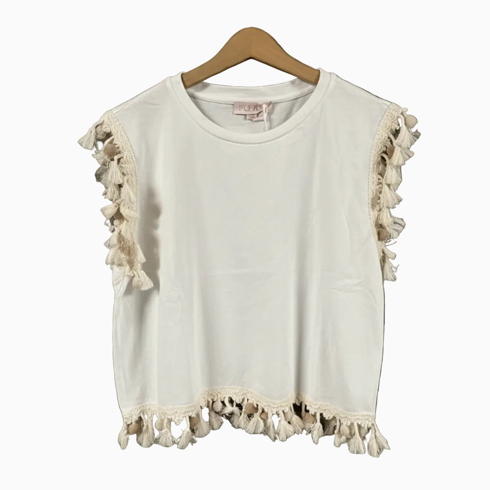 Please t-shirt bianca con frange e nappe boho-chic bambina