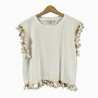 Please t-shirt bianca con frange e nappe boho-chic bambina