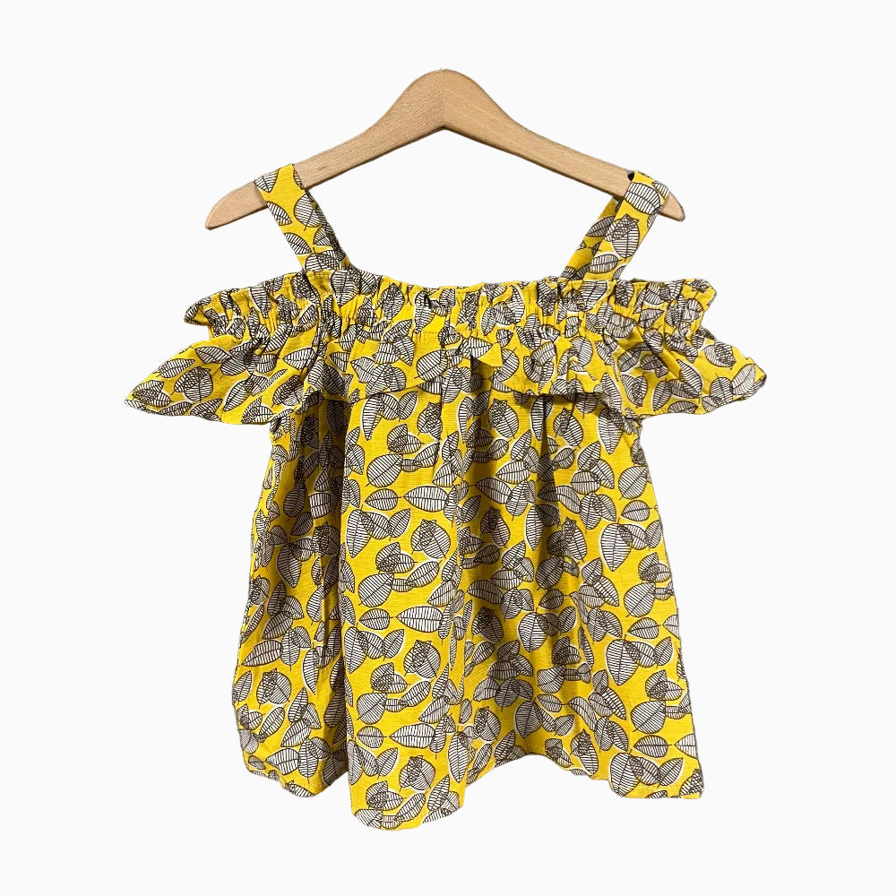 Mayoral top giallo senza spalle con fiocco e stampa a foglie bambina