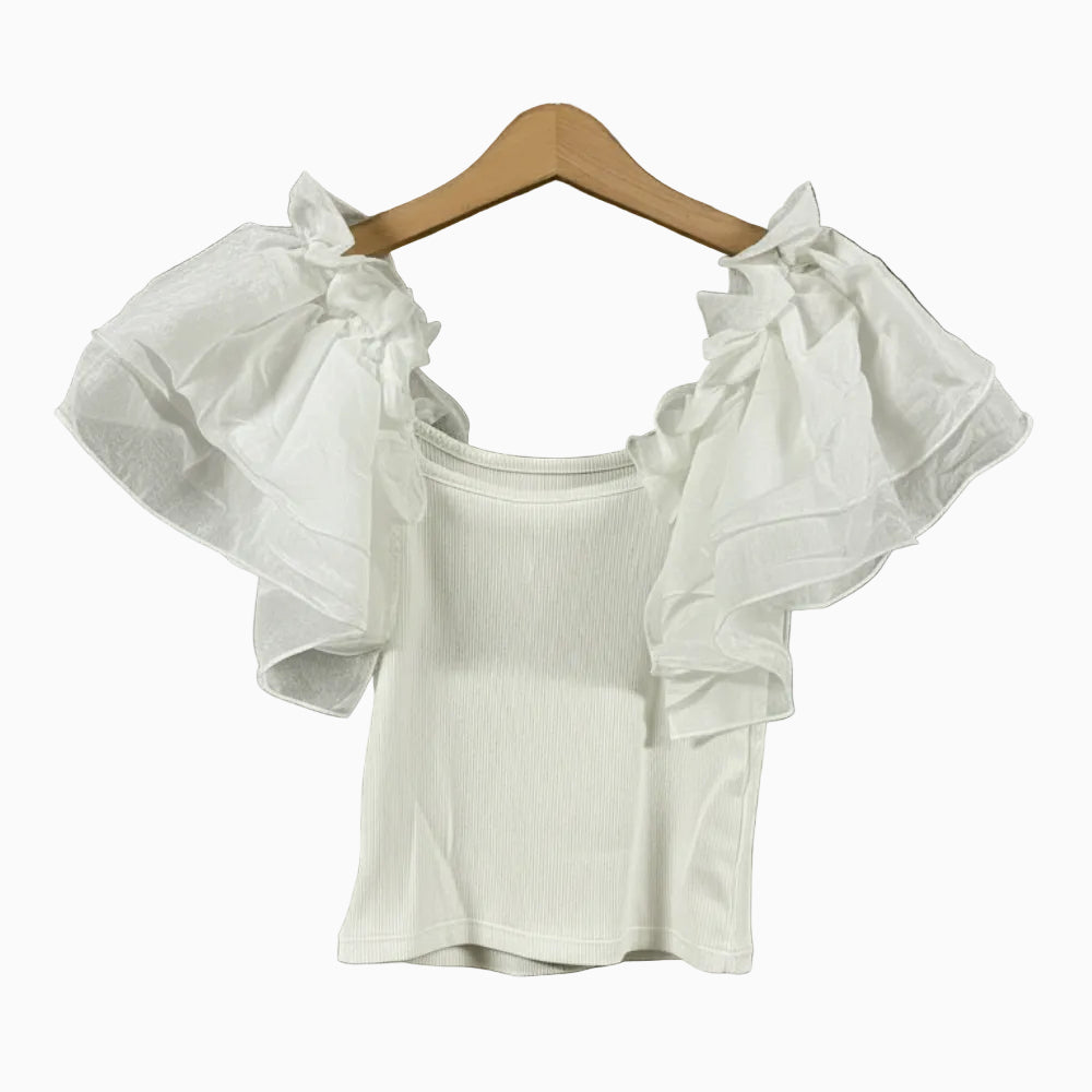 Please top a costine bianco con maniche a volant in organza bambina - Abbigliamento bambini firmato | CDifferent Outlet