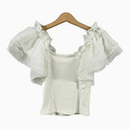 Please top a costine bianco con maniche a volant in organza bambina - Abbigliamento bambini firmato | CDifferent Outlet
