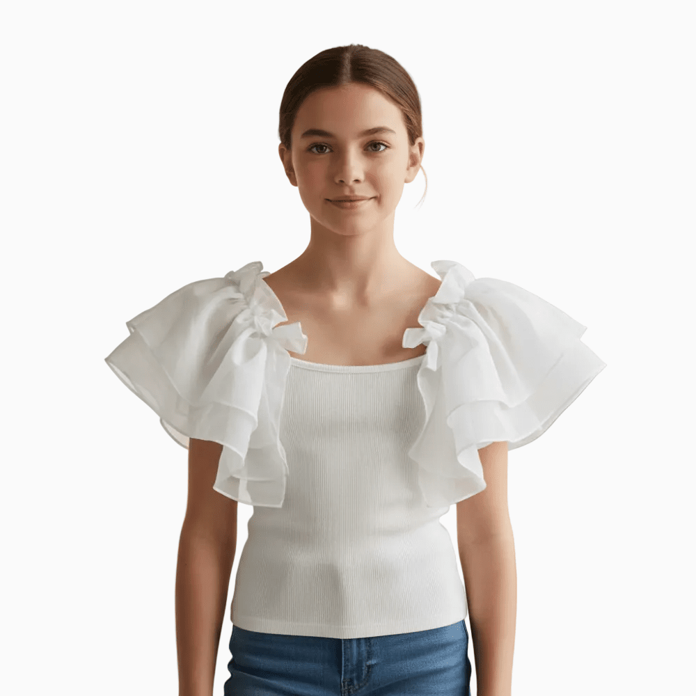 Please top a costine bianco con maniche a volant in organza bambina - Abbigliamento bambini firmato | CDifferent Outlet