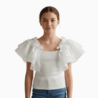 Please top a costine bianco con maniche a volant in organza bambina - Abbigliamento bambini firmato | CDifferent Outlet