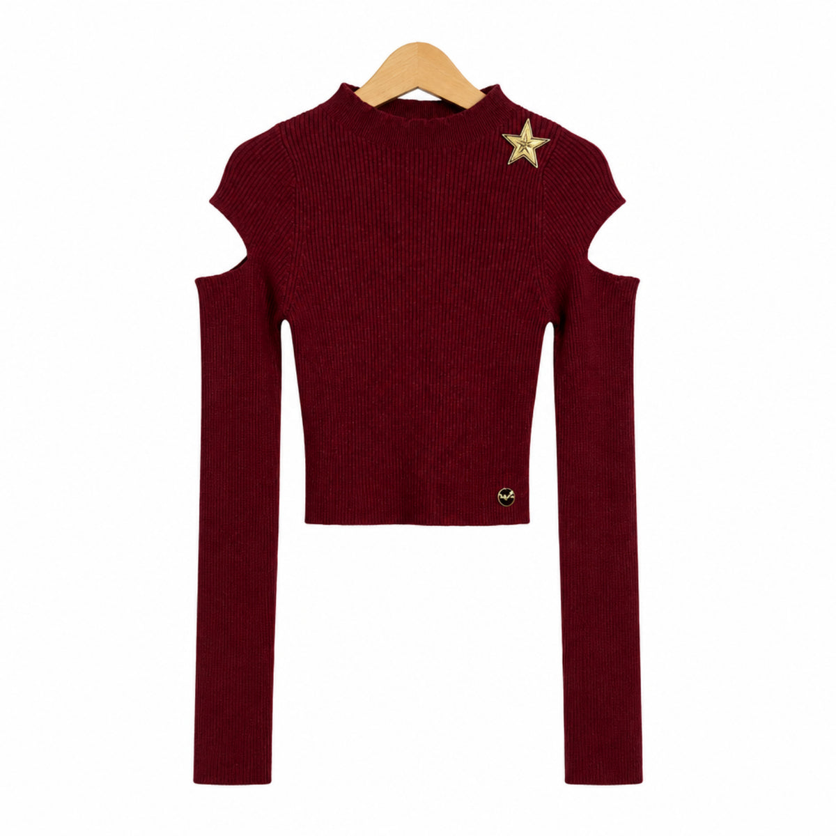 Fronte maglia bordeaux a coste con spilla stella e distintivo cuore verde