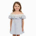 Fun & Fun vestito bambina a righe bianco e azzurro con maxi volant decorato - Abbigliamento bambini firmato | CDifferent Outlet