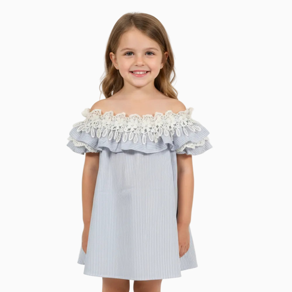 Fun & Fun vestito bambina a righe bianco e azzurro con maxi volant decorato