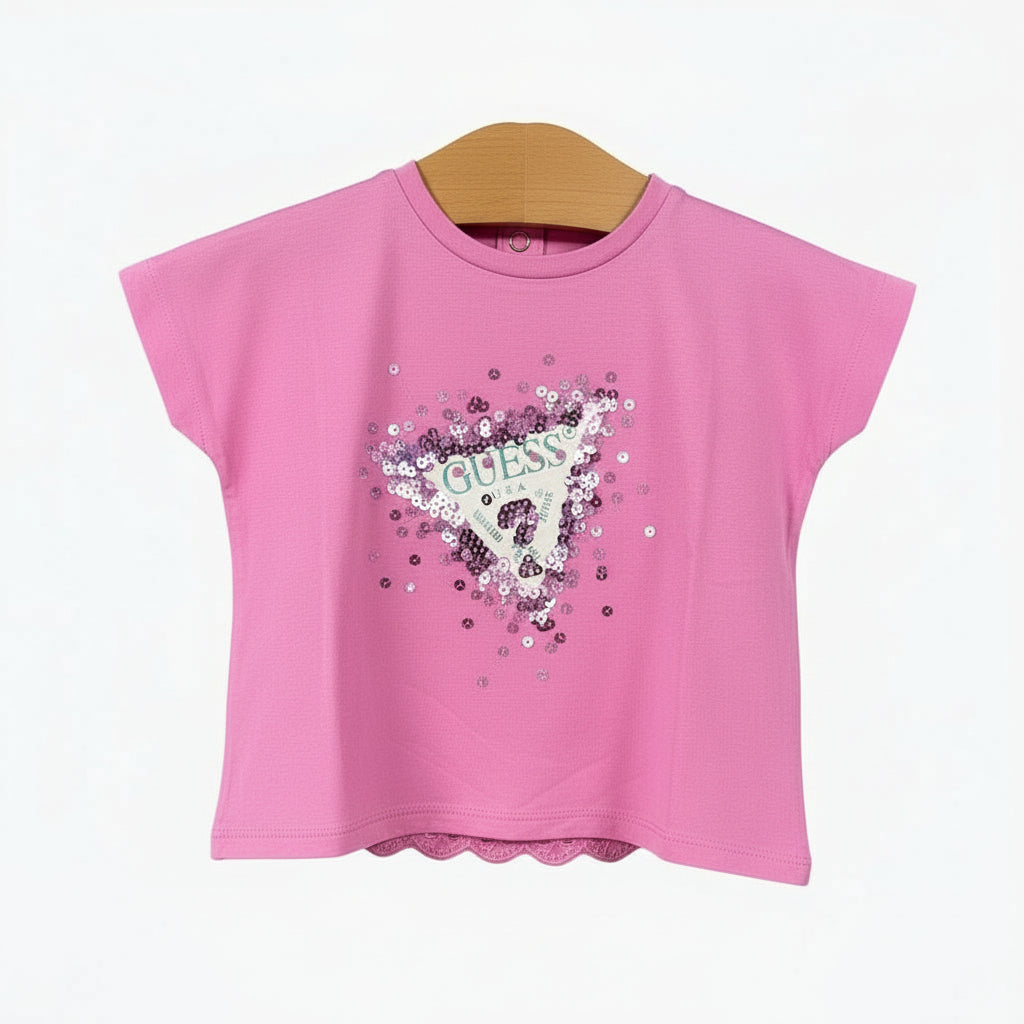 Guess t-shirt manica corta con pailettes neonata rosa