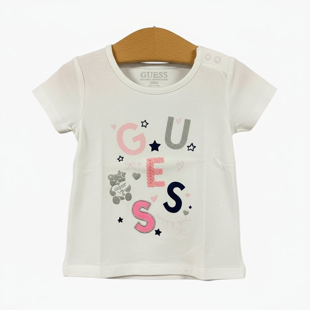 Guess t-shirt manica corta neonata bianca con orsetto - Abbigliamento bambini firmato | CDifferent Outlet