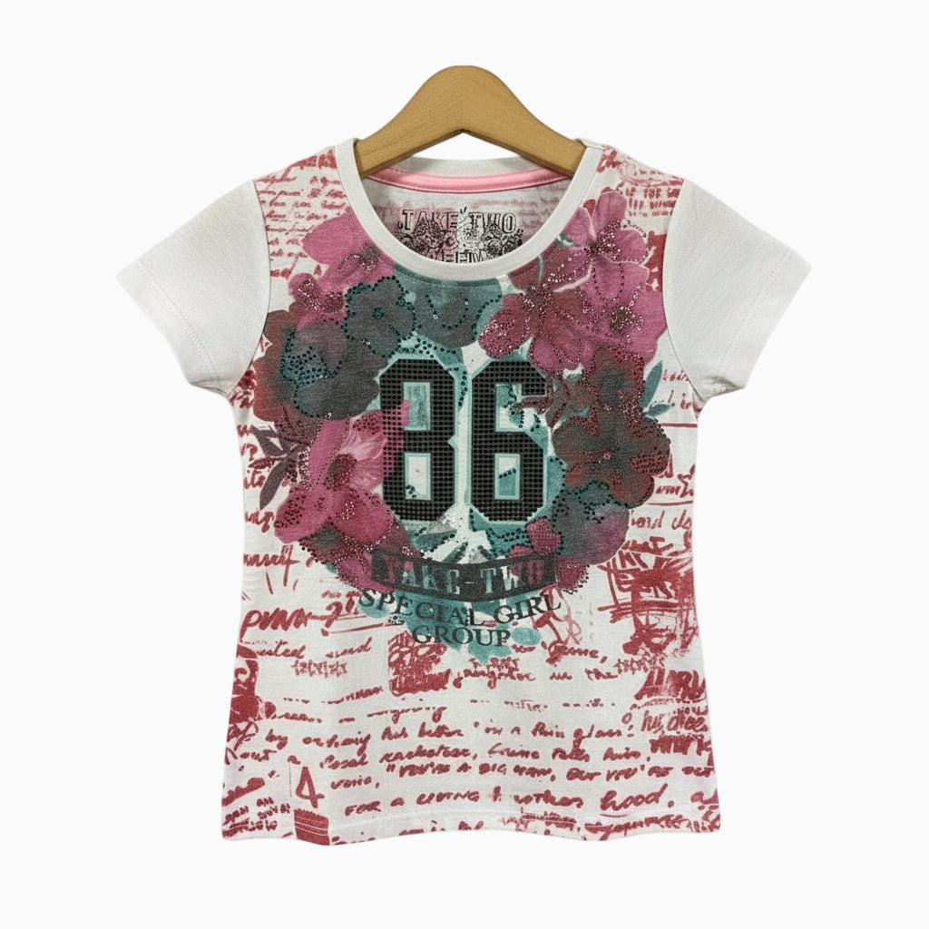 Take Two Teen t-shirt manica corta fantasia floreale e strass