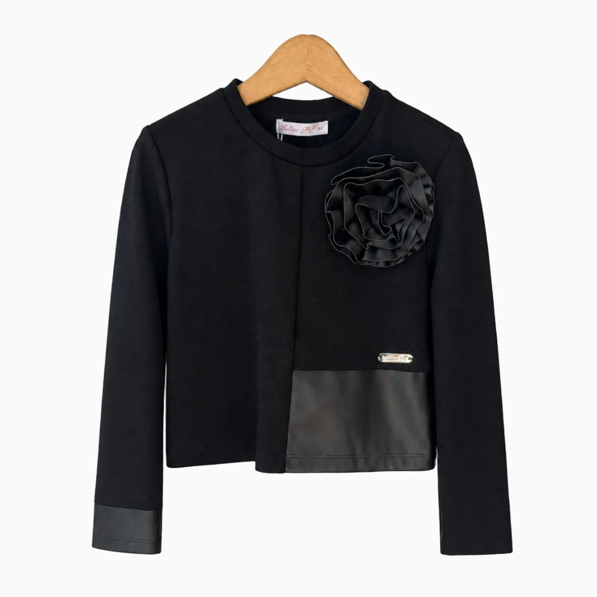 Top nero elegante bambina Alice Pi con fiore tridimensionale in tessuto e logo metallico dorato