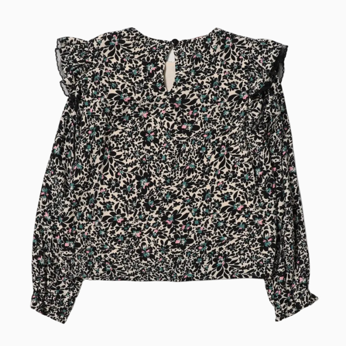 Vista posteriore camicia bambina Liu Jo con volant pizzo nero e chiusura bottone