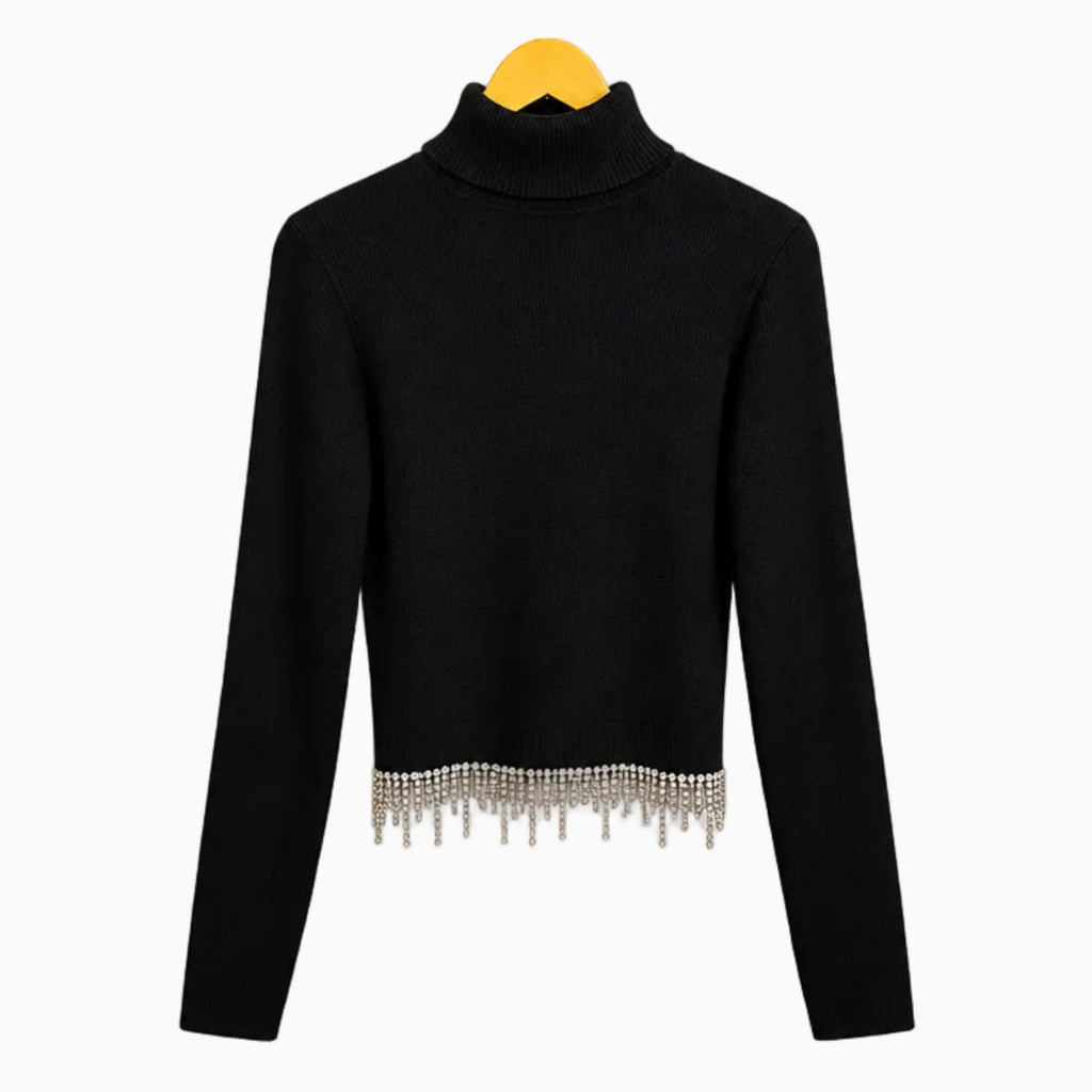 To Be Too maglia nera a collo alto con frange di strass bambina