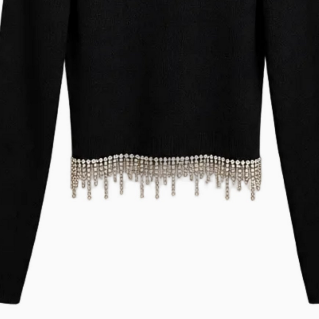 To Be Too maglia nera a collo alto con frange di strass bambina