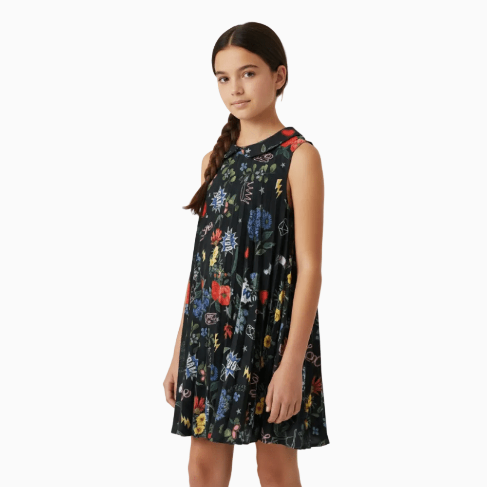 Monnalisa vestito plissettato bambina nero con fiori - Abbigliamento bambini firmato | CDifferent Outlet