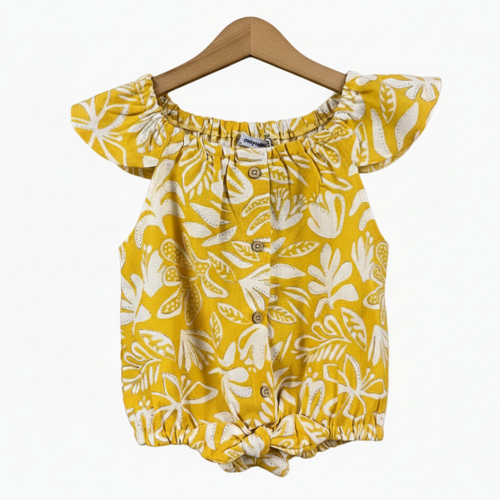 Mayoral top giallo senape con bottoni frontali e stampa botanica bianca bambina