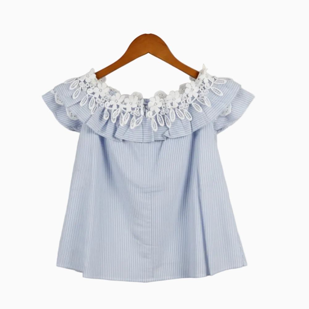 Fun & Fun vestito bambina a righe bianco e azzurro con maxi volant decorato