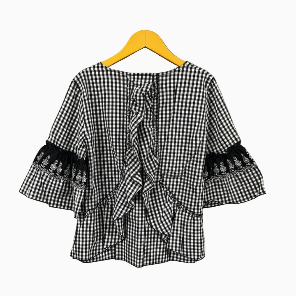 T-Love blusa a quadretti con balze, ricamo sangallo e dettaglio rouches posteriore bambina