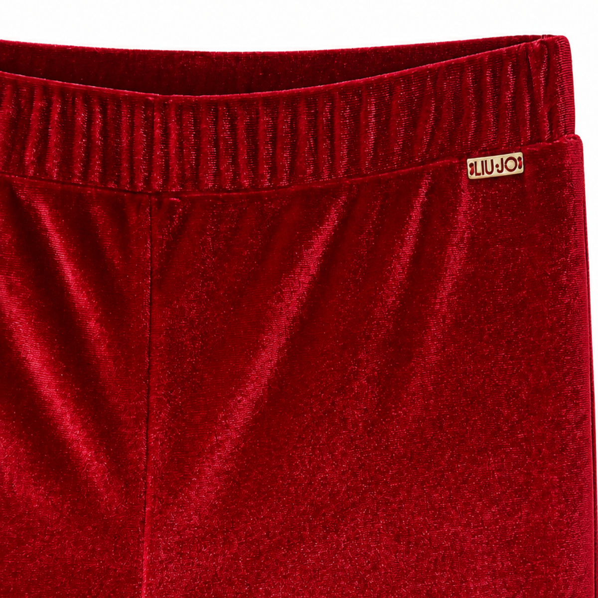 Dettaglio logo LIU JO e vita elasticizzata pantalone ciniglia rossa