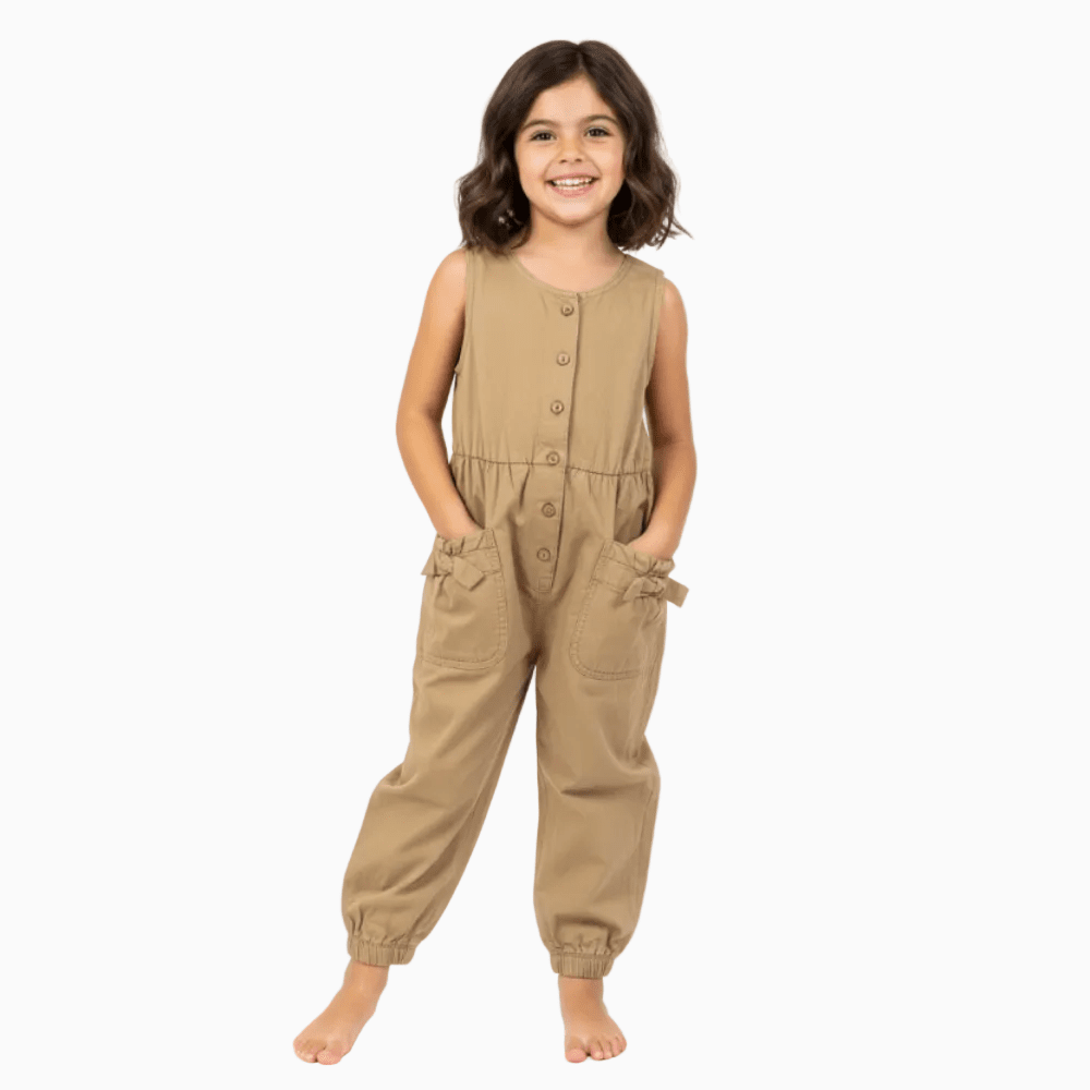 Mayoral tuta intera in cotone color cammello con fiocchi e bottoni frontali - Abbigliamento bambini firmato | CDifferent Outlet