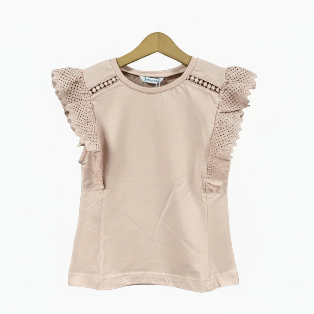 Mayoral t-shirt rosa pastello con manica ad aletta in pizzo bambina