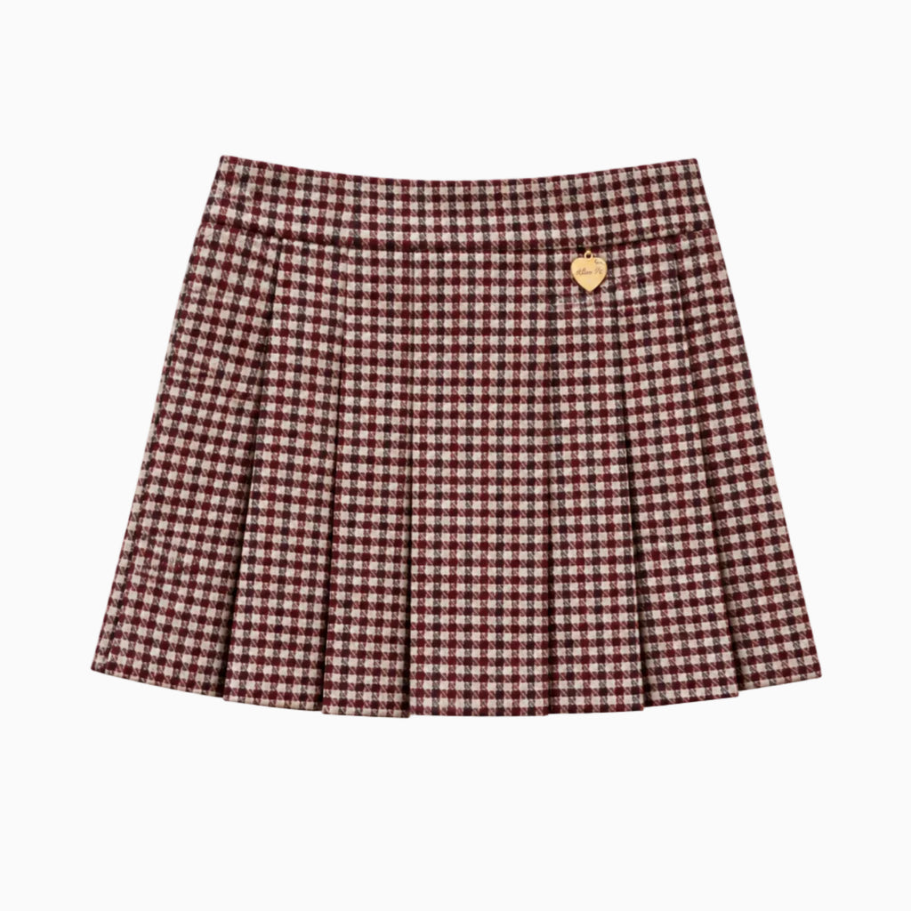 gonna plissettata bambina a quadri rossi beige con ciondolo cuore dorato