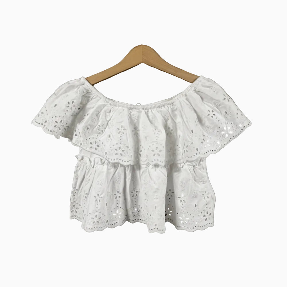 Mayoral crop top in sangallo bianco con volant bambina - Abbigliamento bambini firmato | CDifferent Outlet