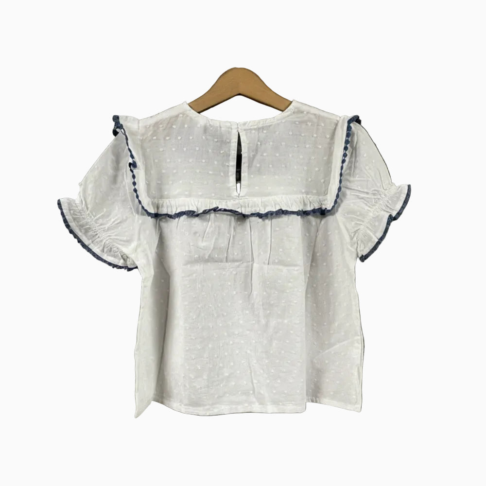 Mayoral blusa in plumetis con ricamo floreale blu e pizzo bambina