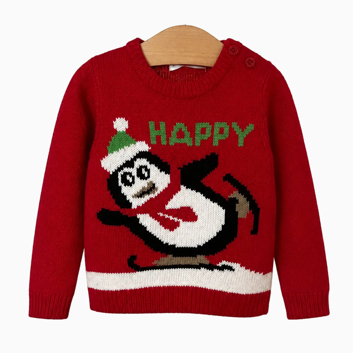 Maglione rosso neonato Melby pinguino sci bottoni spalla fascia bianca