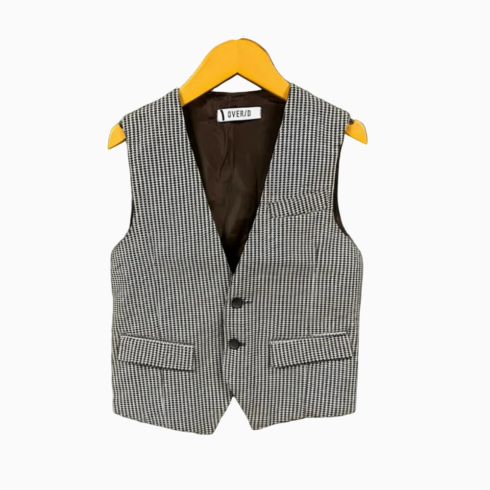 Over-D gilet slim fit fantasia micro quadretti marrone e beige bambino