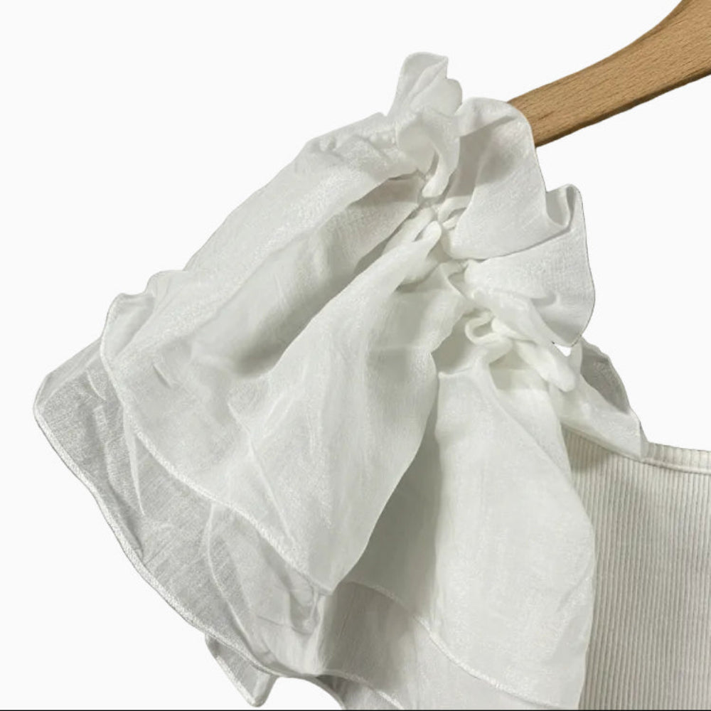 Please top a costine bianco con maniche a volant in organza bambina - Abbigliamento bambini firmato | CDifferent Outlet