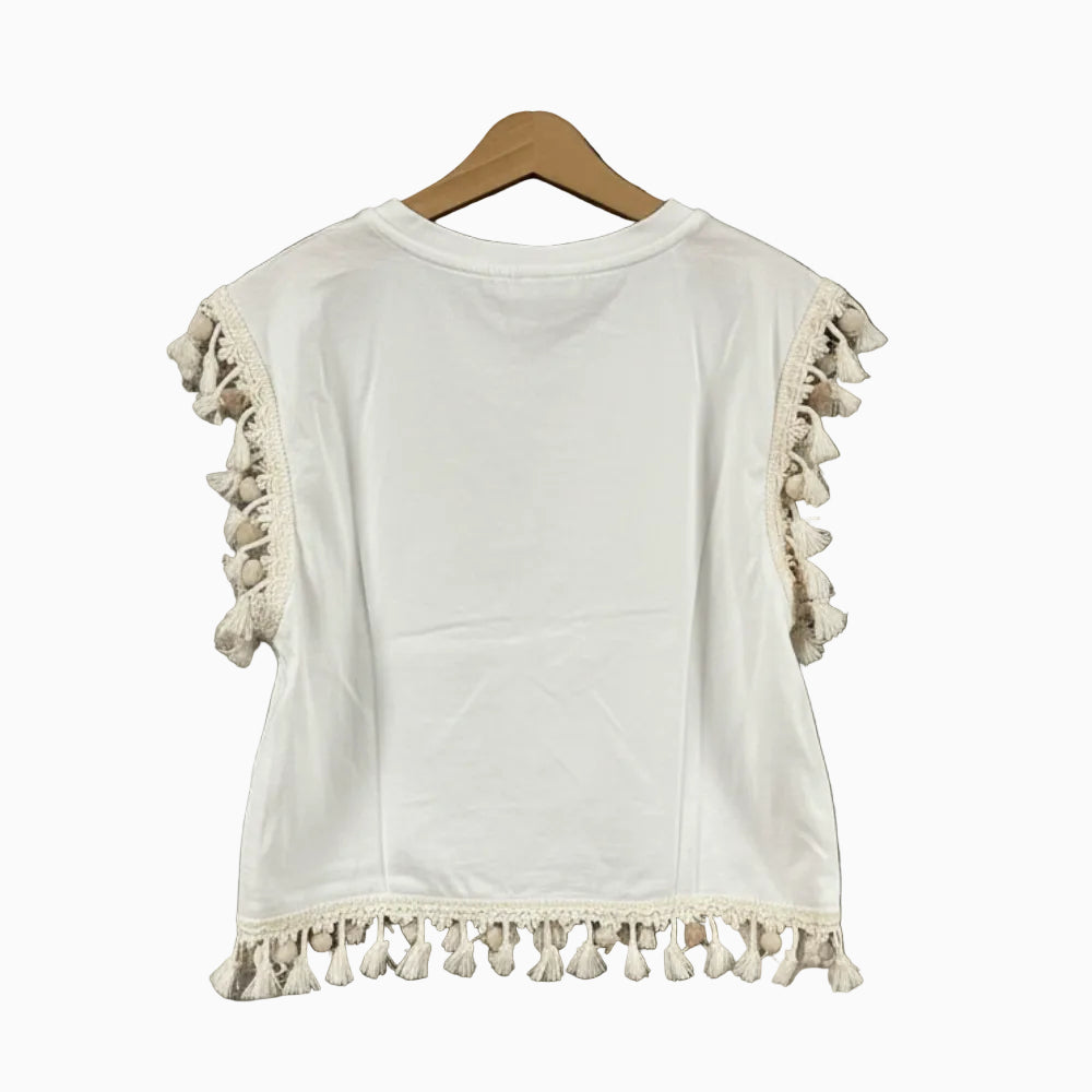 Please t-shirt bianca con frange e nappe boho-chic bambina