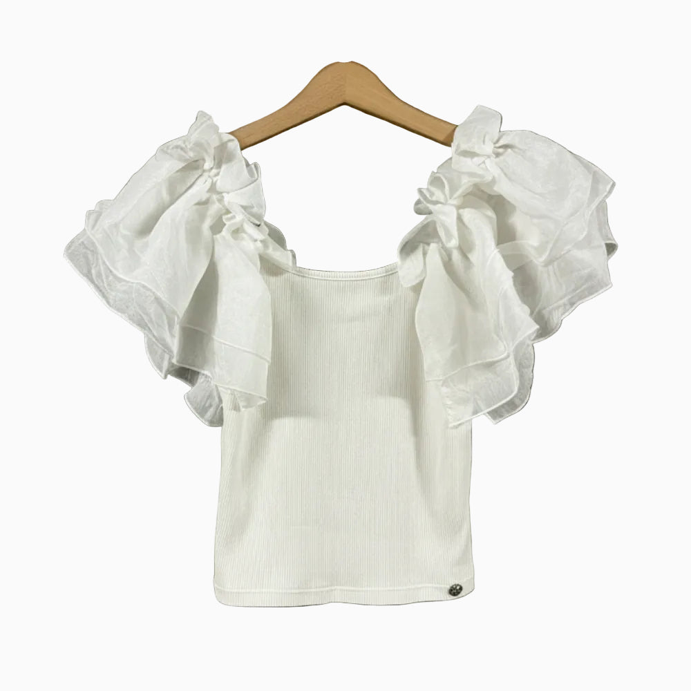Please top a costine bianco con maniche a volant in organza bambina - Abbigliamento bambini firmato | CDifferent Outlet